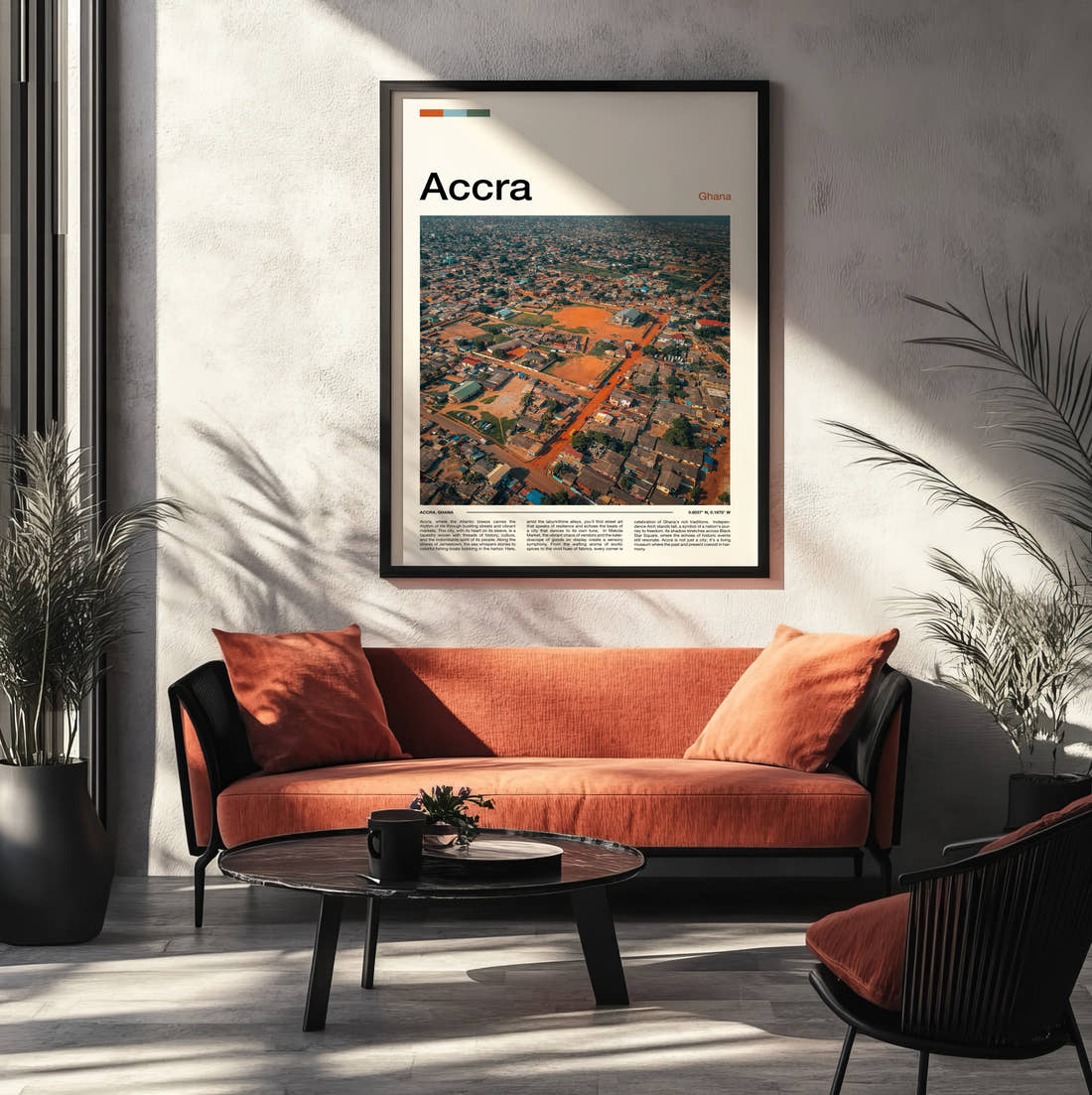 Accra Aerial City View Travel Print framed on the wall of a modern living room