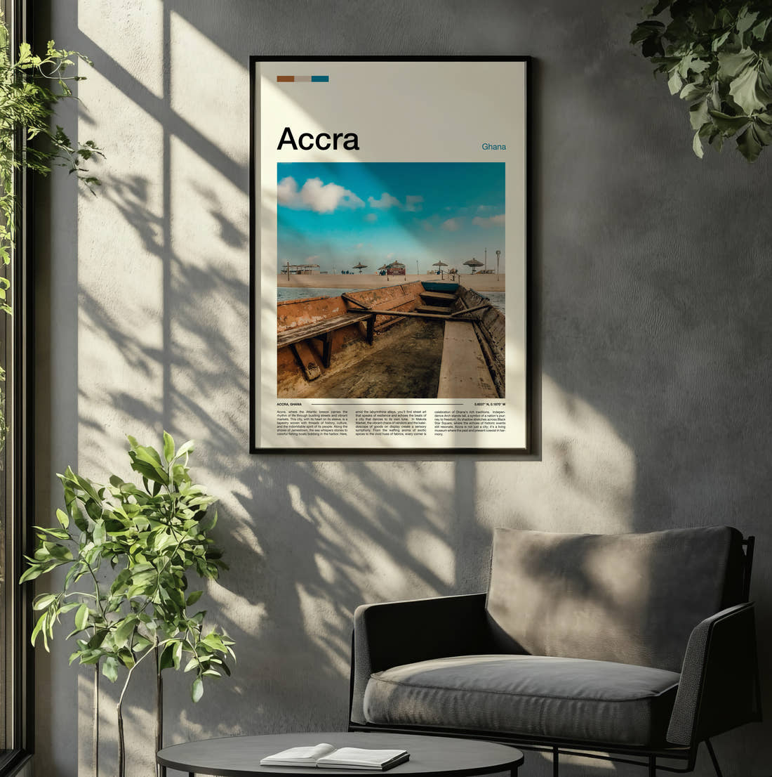 Accra Wooden Boat On Beach Travel Print framed on the wall of a relaxed living room