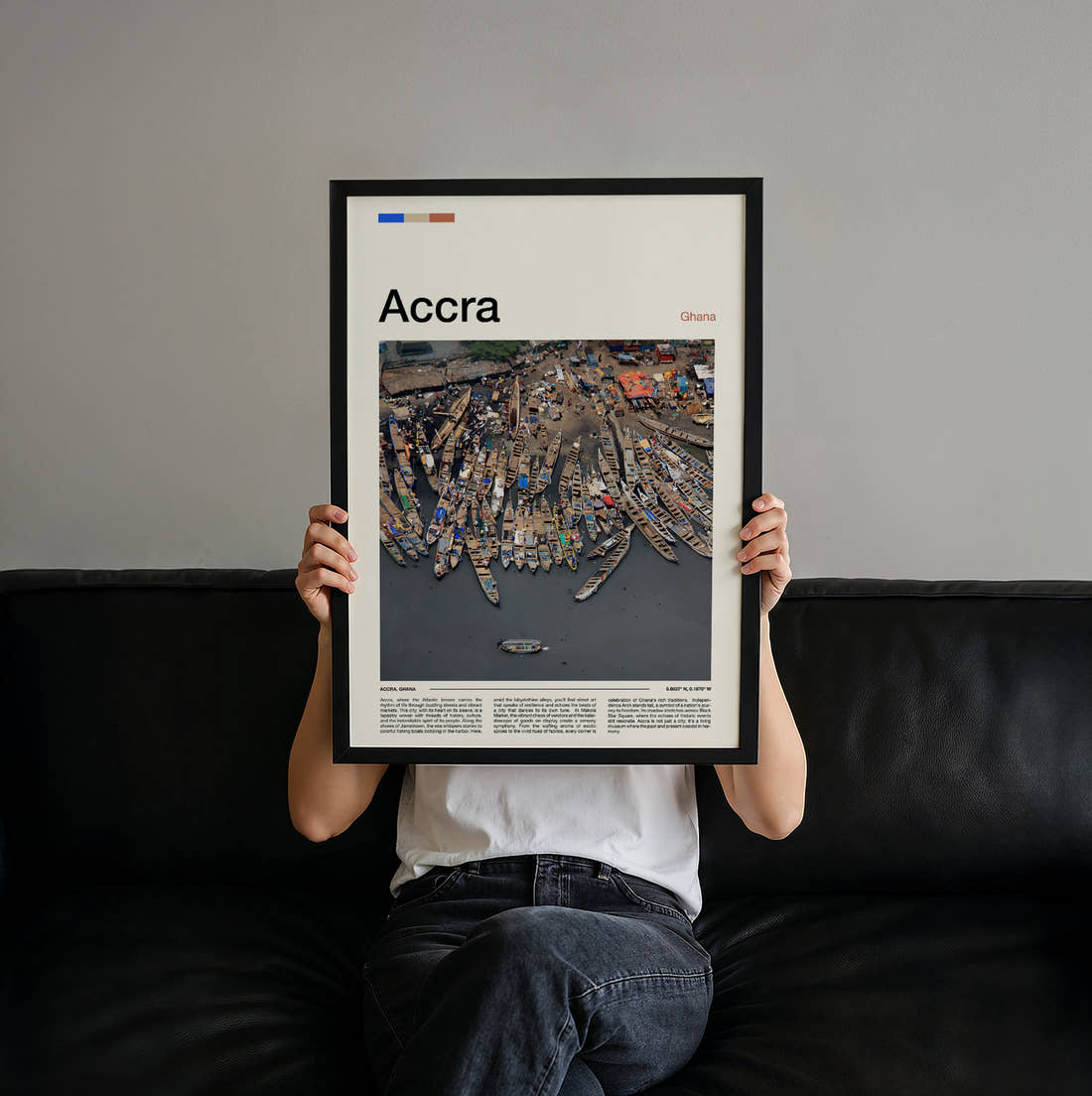 Accra Fishing Boats Travel Print held up by hand to show the size of the print
