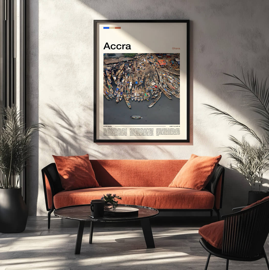 Accra Fishing Boats Travel Print framed on the wall of a modern living room
