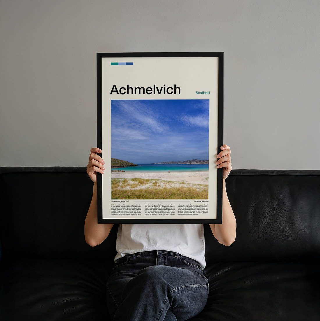 Achmelvich White Sand Beach Travel Print held up by hand to show the size of the print