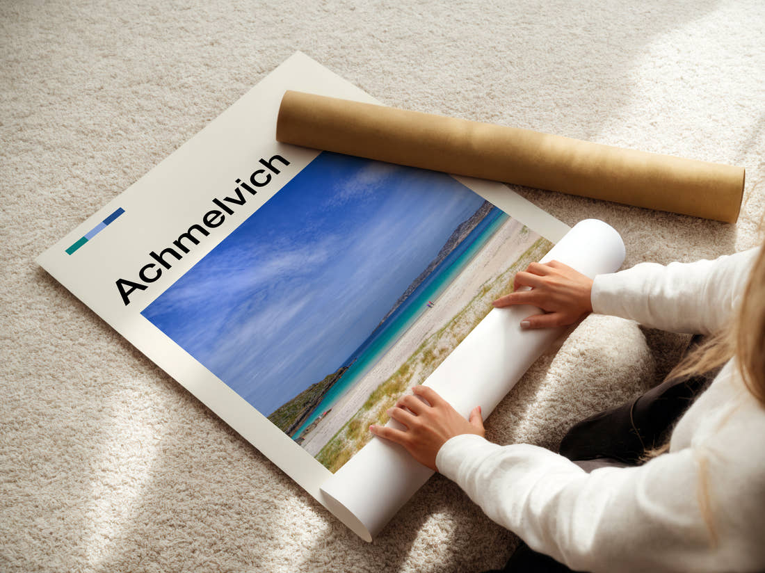 Achmelvich White Sand Beach Travel Print being unrolled from its postal tube