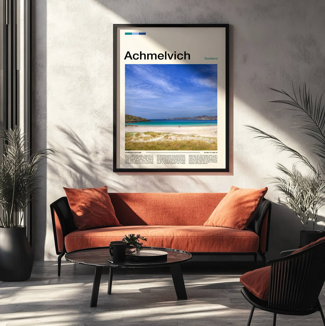 Achmelvich White Sand Beach Travel Print framed on the wall of a modern living room