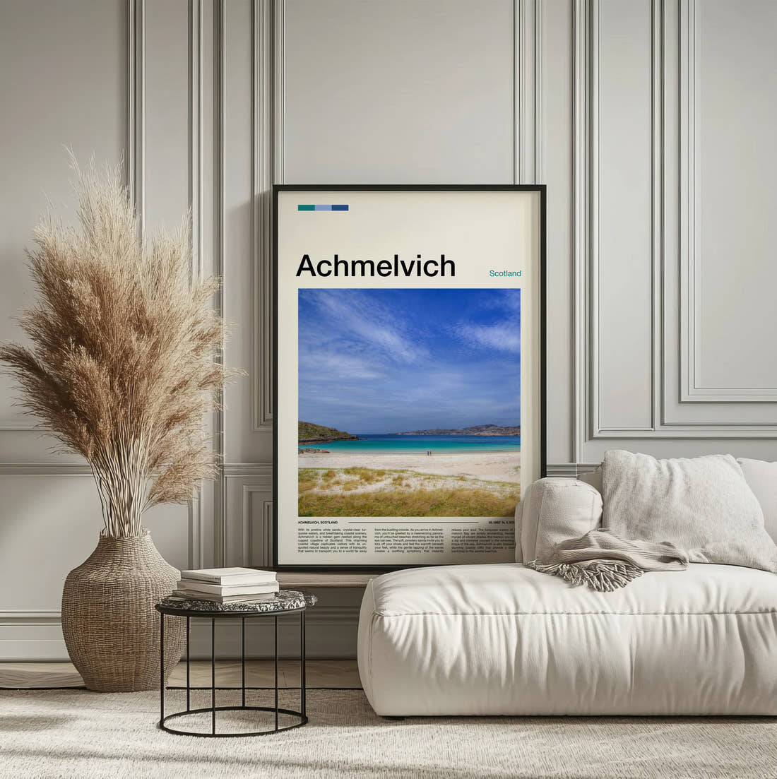 Achmelvich White Sand Beach Travel Print framed on the wall of a calm, neutral bedroom