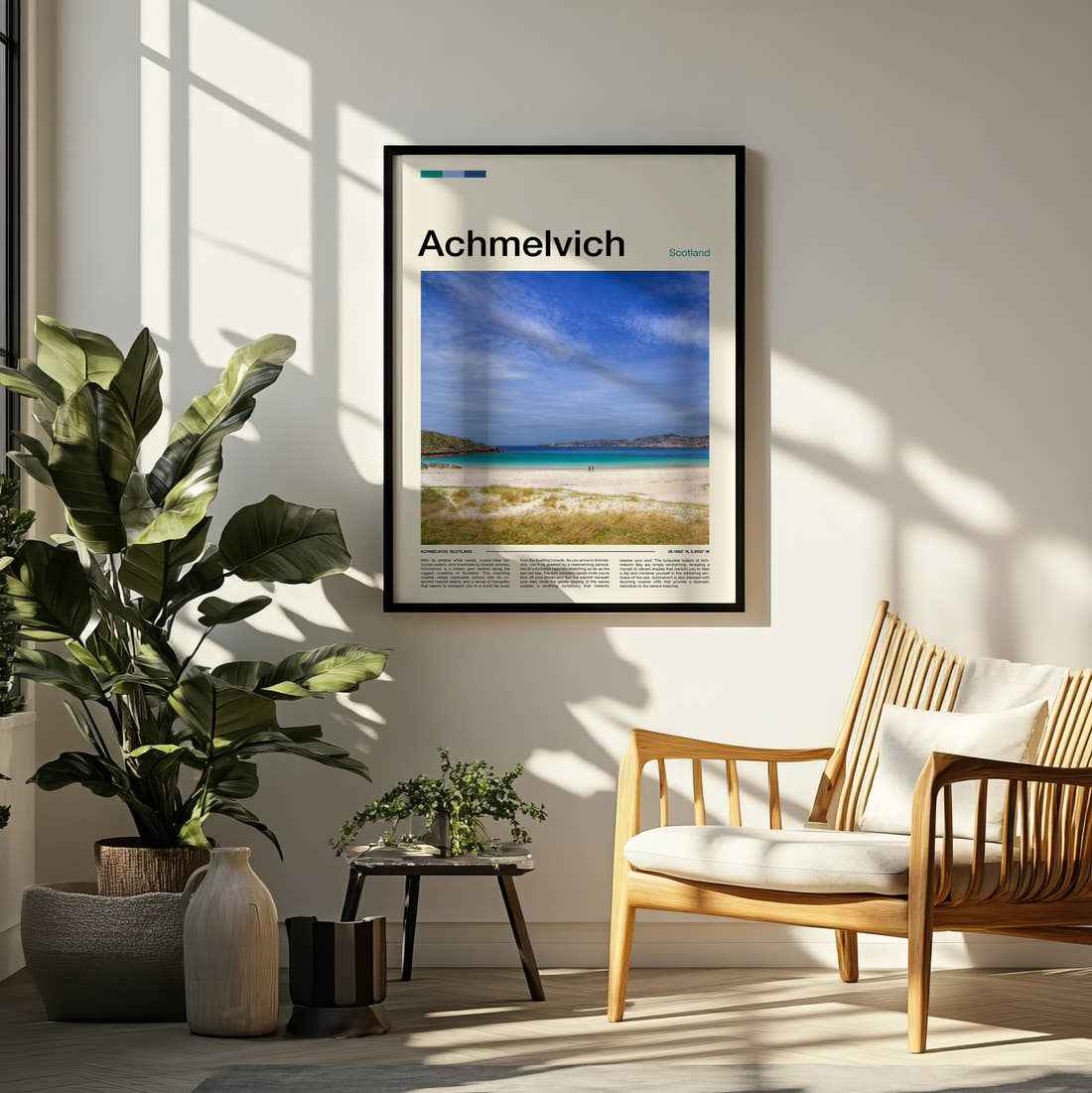 Achmelvich White Sand Beach Travel Print framed on a pale wall beside houseplants