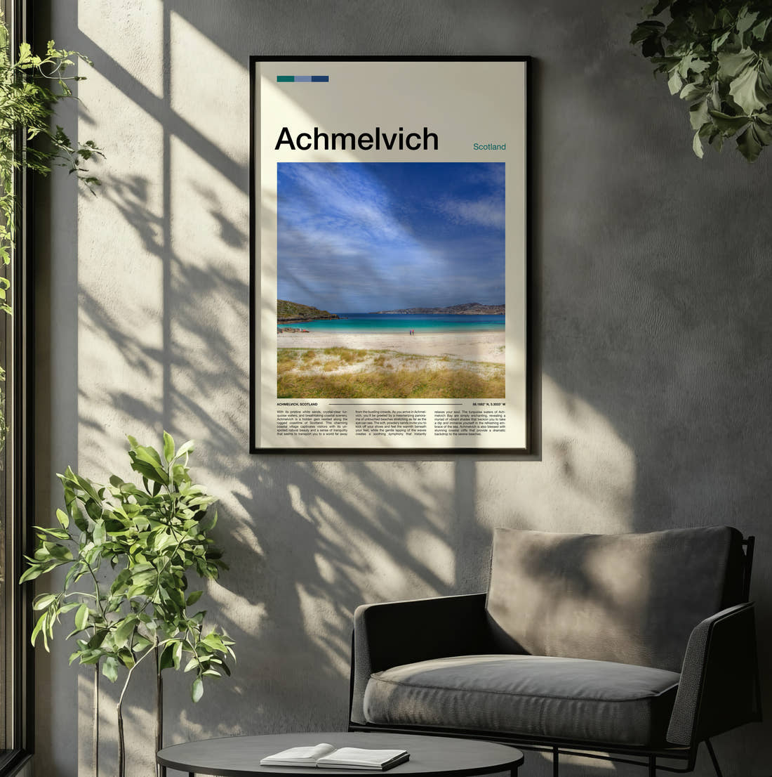 Achmelvich White Sand Beach Travel Print framed on the wall of a relaxed living room