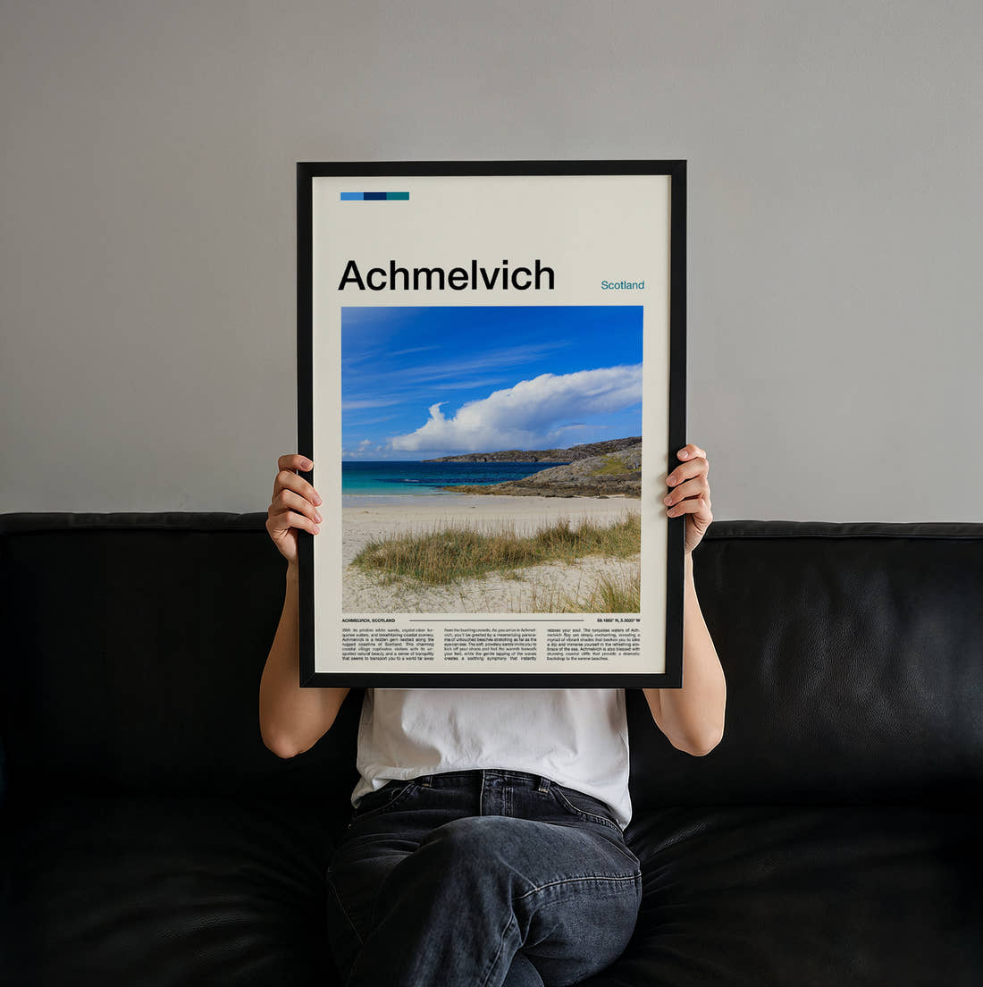 Achmelvich Turquoise Bay Travel Print held up by hand to show the size of the print