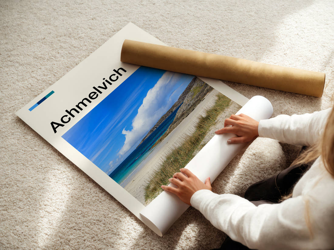 Achmelvich Turquoise Bay Travel Print being unrolled from its postal tube
