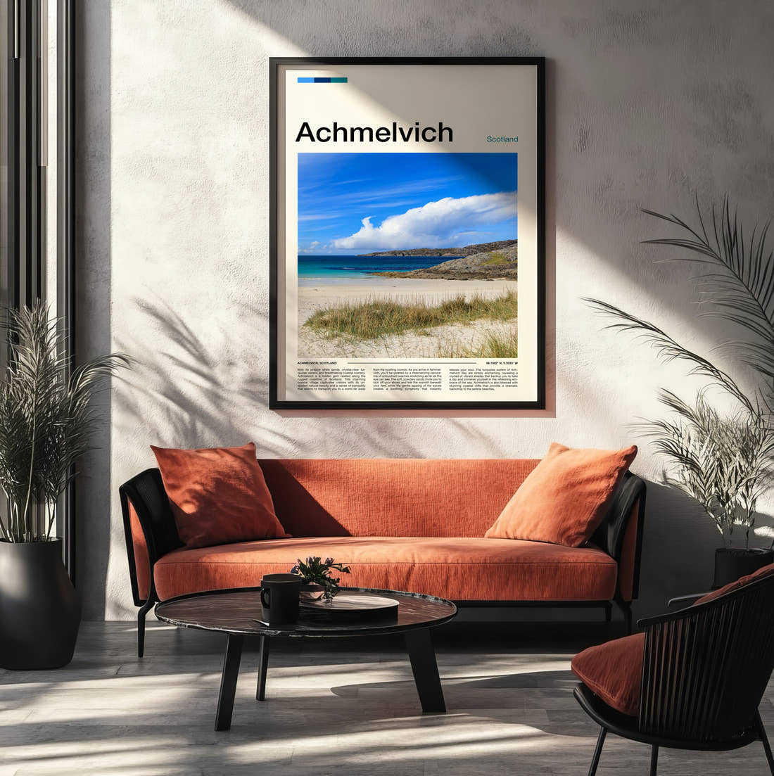 Achmelvich Turquoise Bay Travel Print framed on the wall of a modern living room
