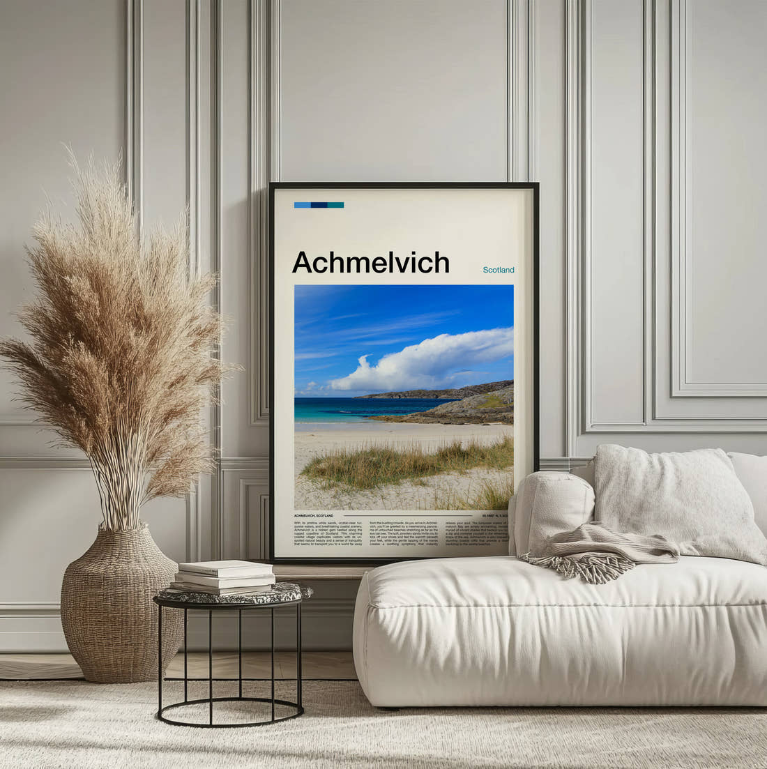 Achmelvich Turquoise Bay Travel Print framed on the wall of a calm, neutral bedroom