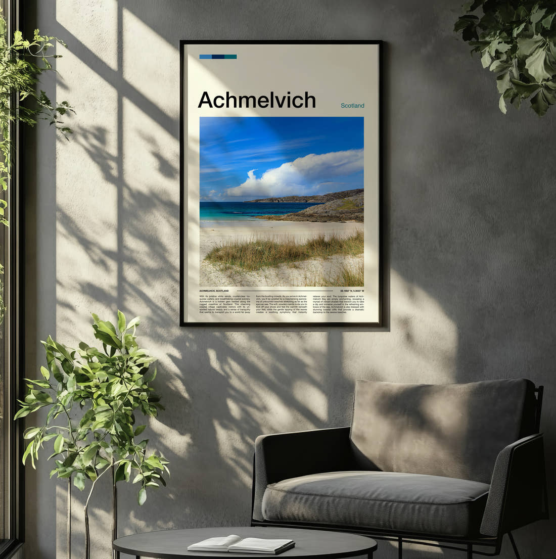 Achmelvich Turquoise Bay Travel Print framed on the wall of a relaxed living room