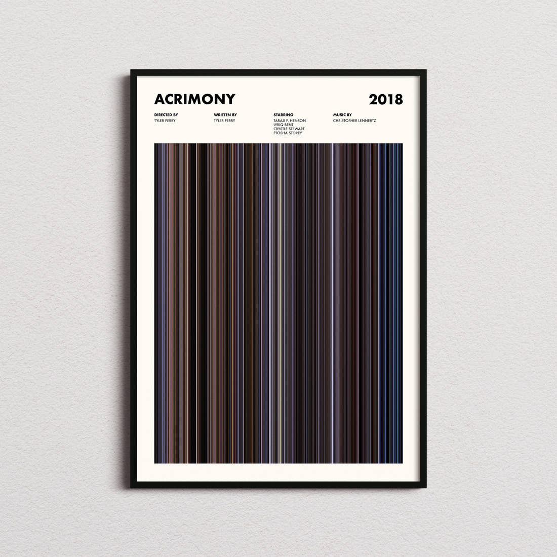 Acrimony Movie Barcode Poster framed on a plain studio wall