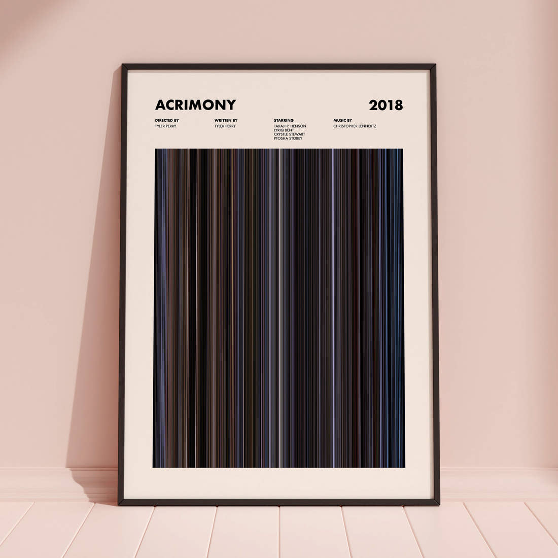 Acrimony Movie Barcode Poster framed and leaning against a coloured wall