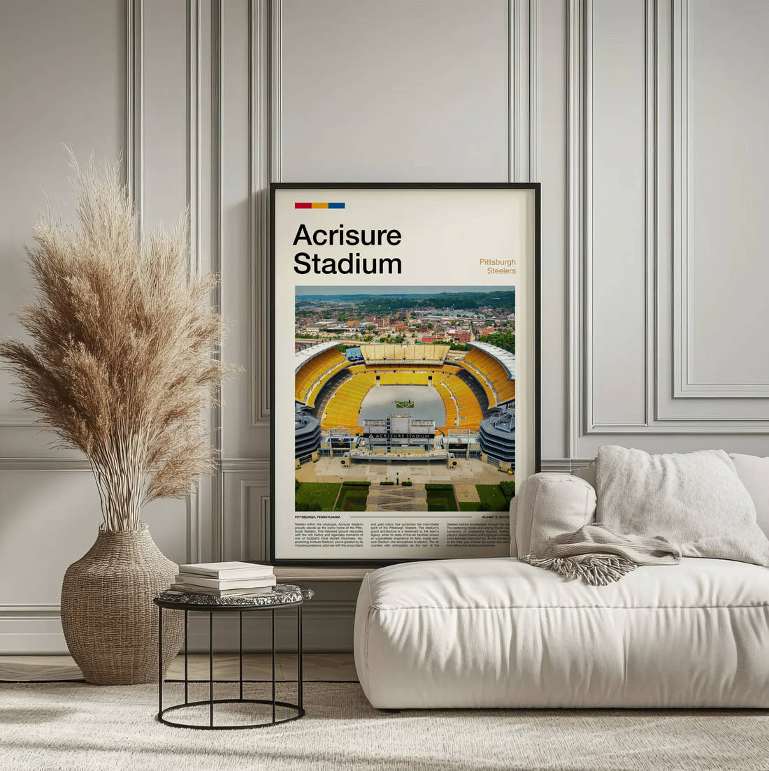 Acrisure Stadium Print framed on the wall of a calm, neutral bedroom