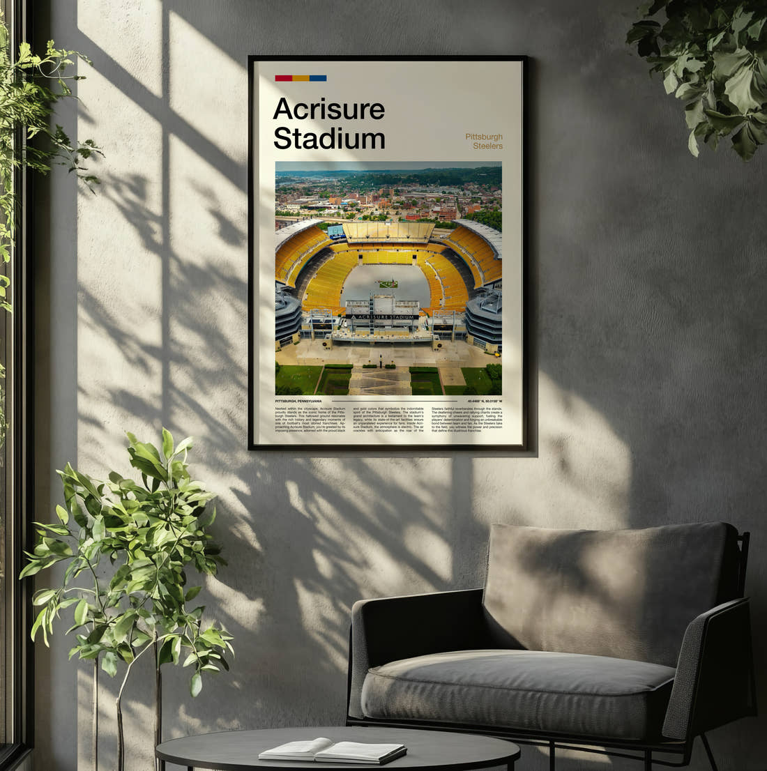 Acrisure Stadium Print framed on the wall of a relaxed living room