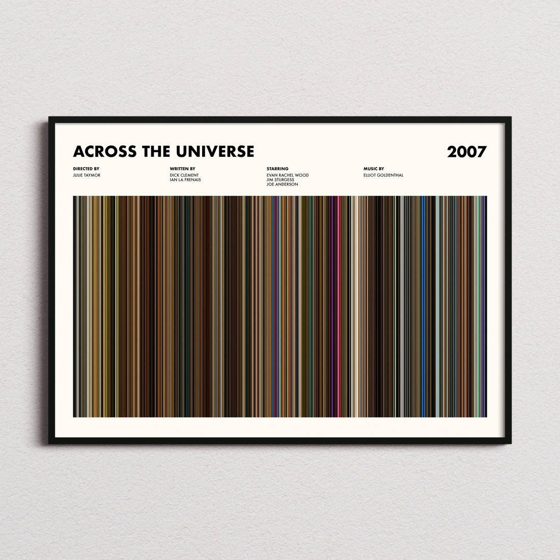 Across the Universe Movie Barcode Poster framed and photographed straight on