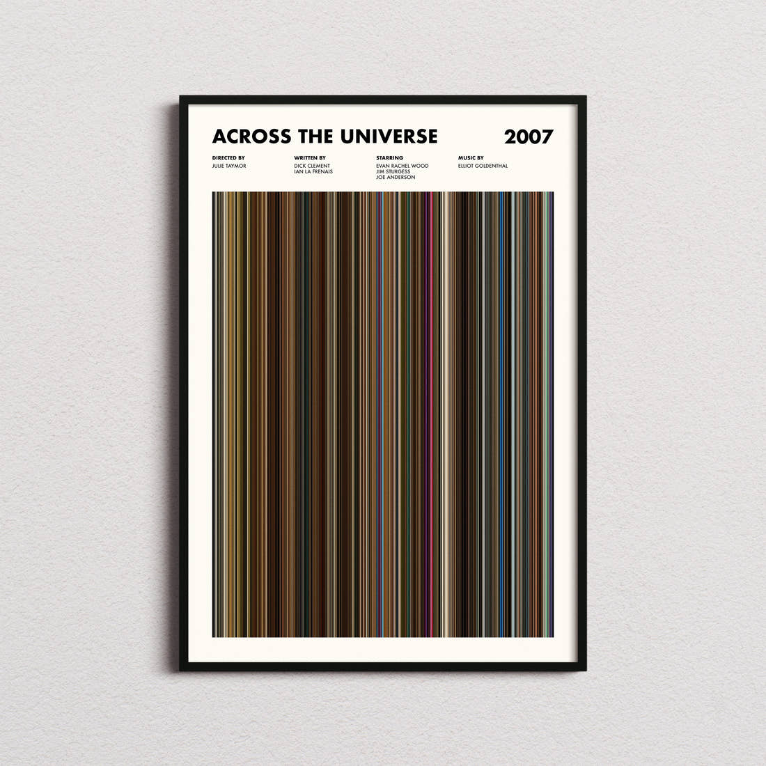 Across the Universe Movie Barcode Poster framed on a plain studio wall