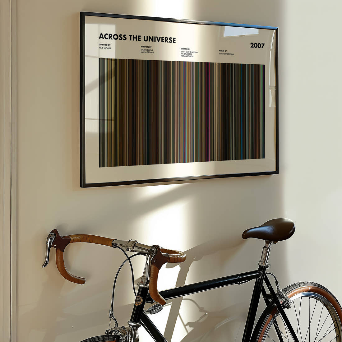 Across the Universe Movie Barcode Poster framed on the wall of a styled room setting