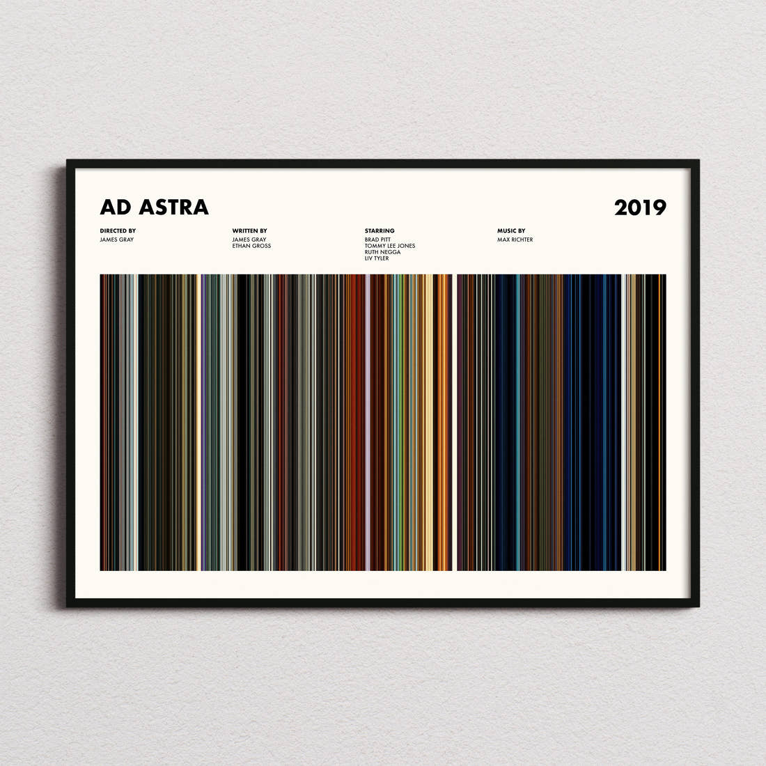 Ad Astra Movie Barcode Poster framed and photographed straight on