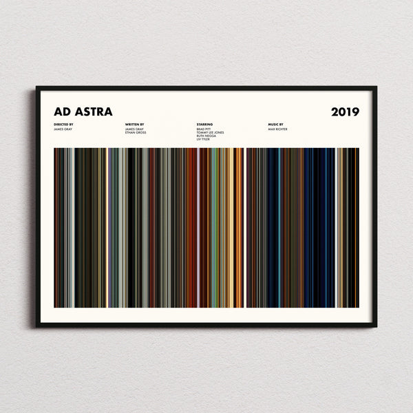 Ad Astra Movie Barcode Poster framed and photographed straight on