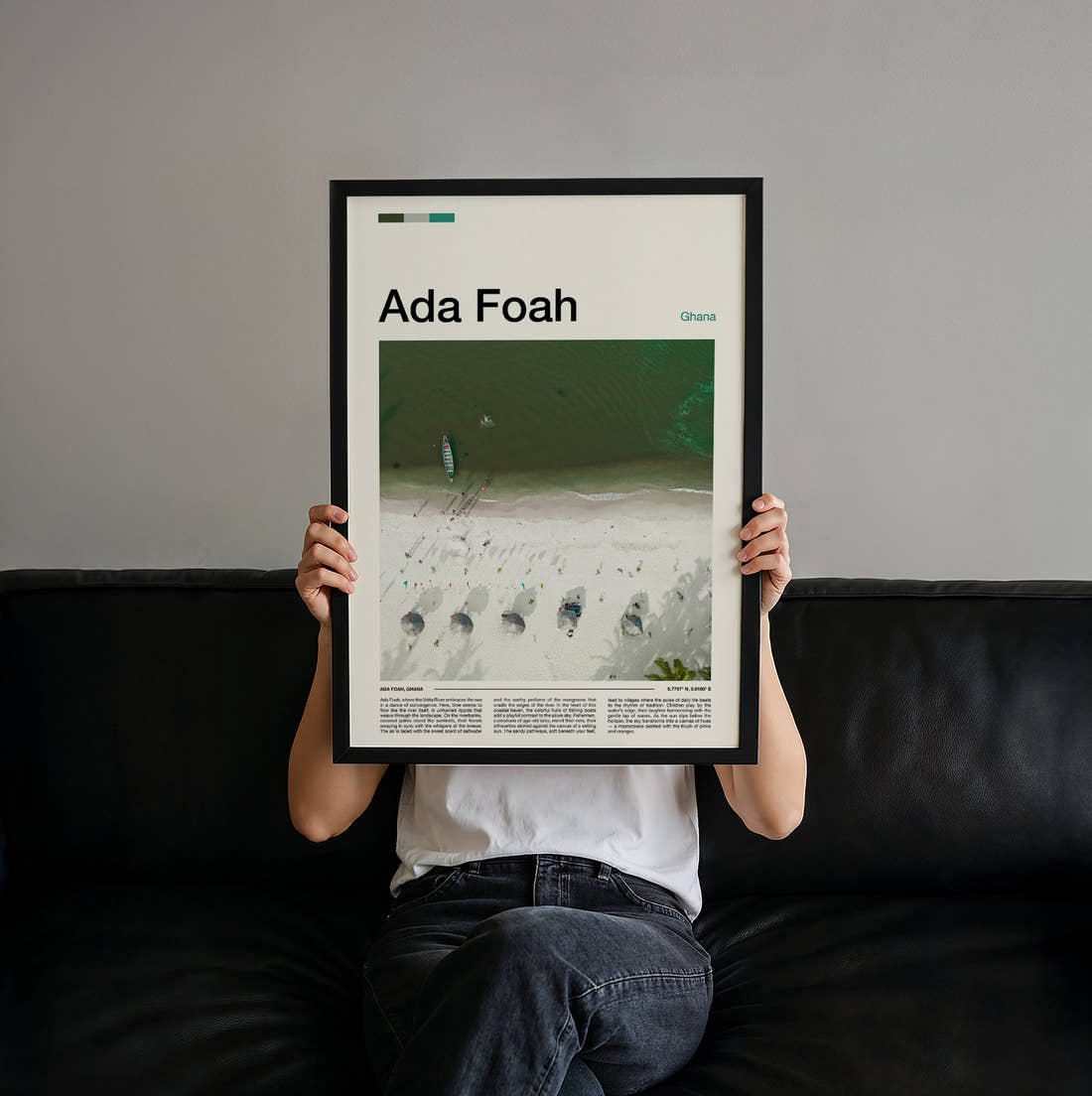 Ada Foah Aerial Beach View Travel Print held up by hand to show the size of the print