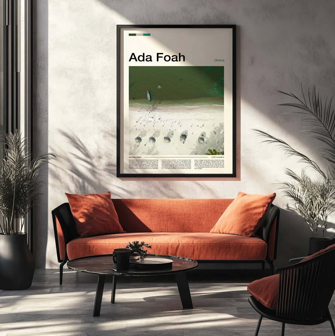 Ada Foah Aerial Beach View Travel Print framed on the wall of a modern living room