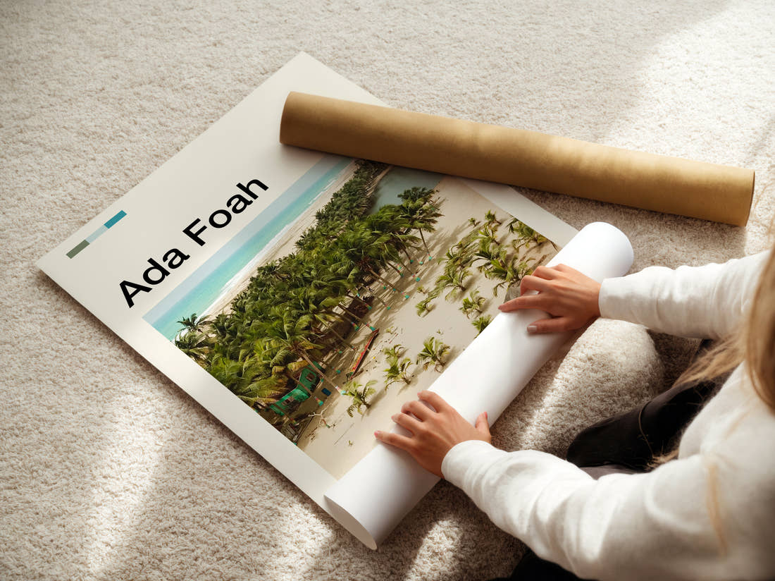 Ada Foah Palm Trees On The Beach Travel Print being unrolled from its postal tube