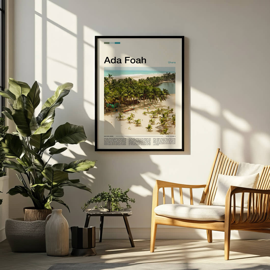 Ada Foah Palm Trees On The Beach Travel Print framed on a pale wall beside houseplants