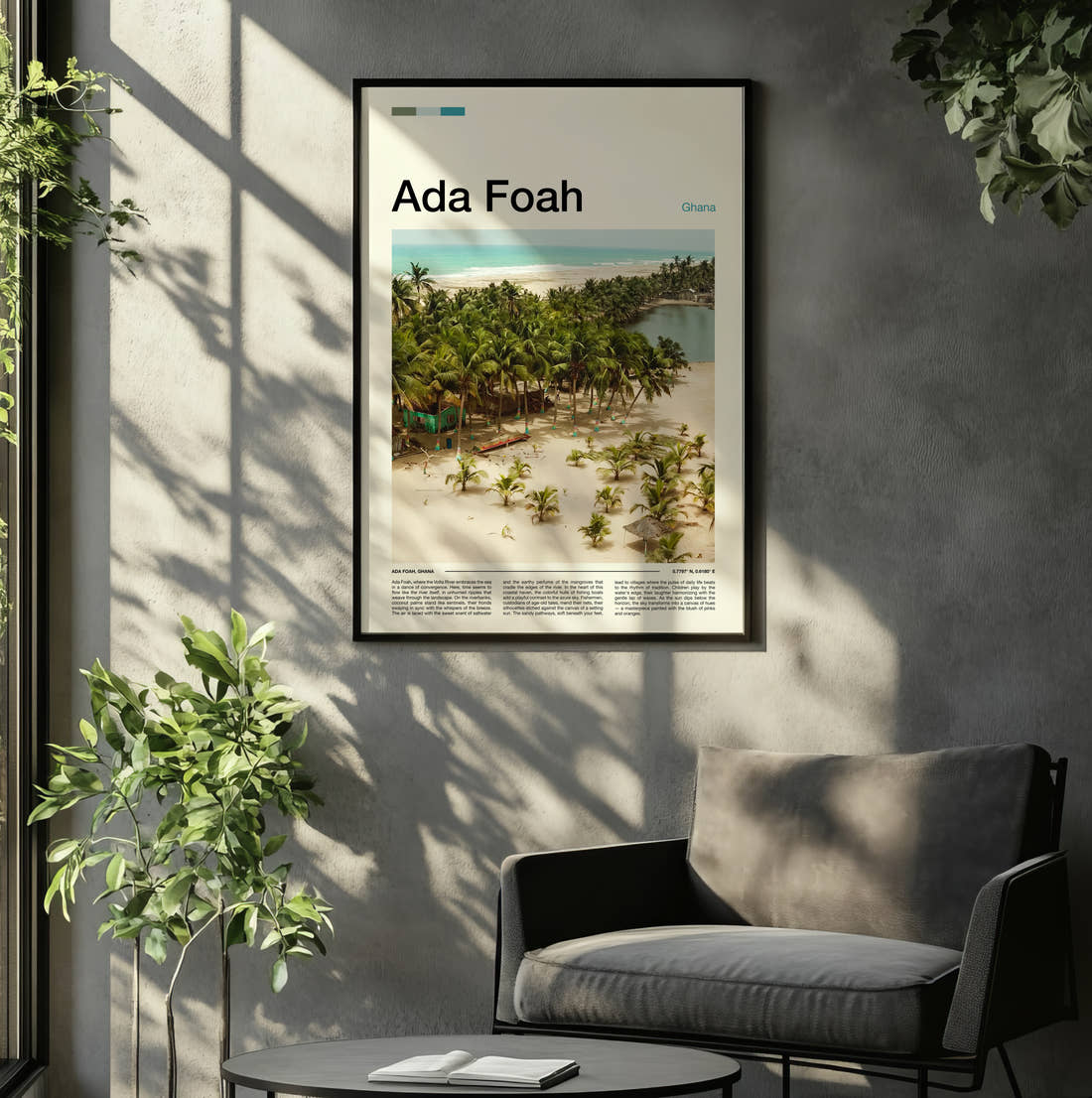 Ada Foah Palm Trees On The Beach Travel Print framed on the wall of a relaxed living room