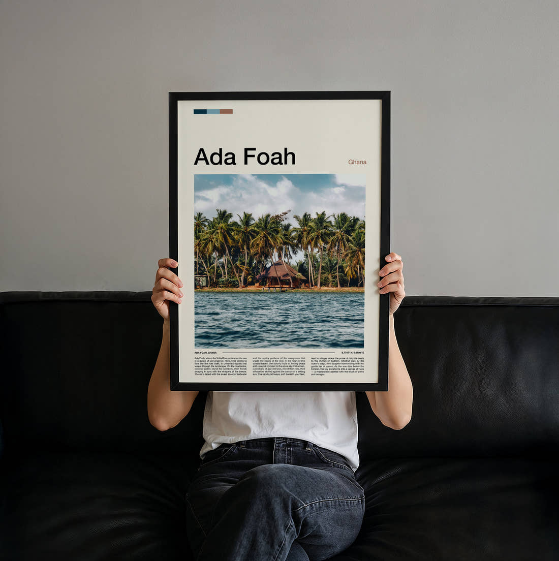 Ada Foah Thatched Huts And Palms Travel Print held up by hand to show the size of the print
