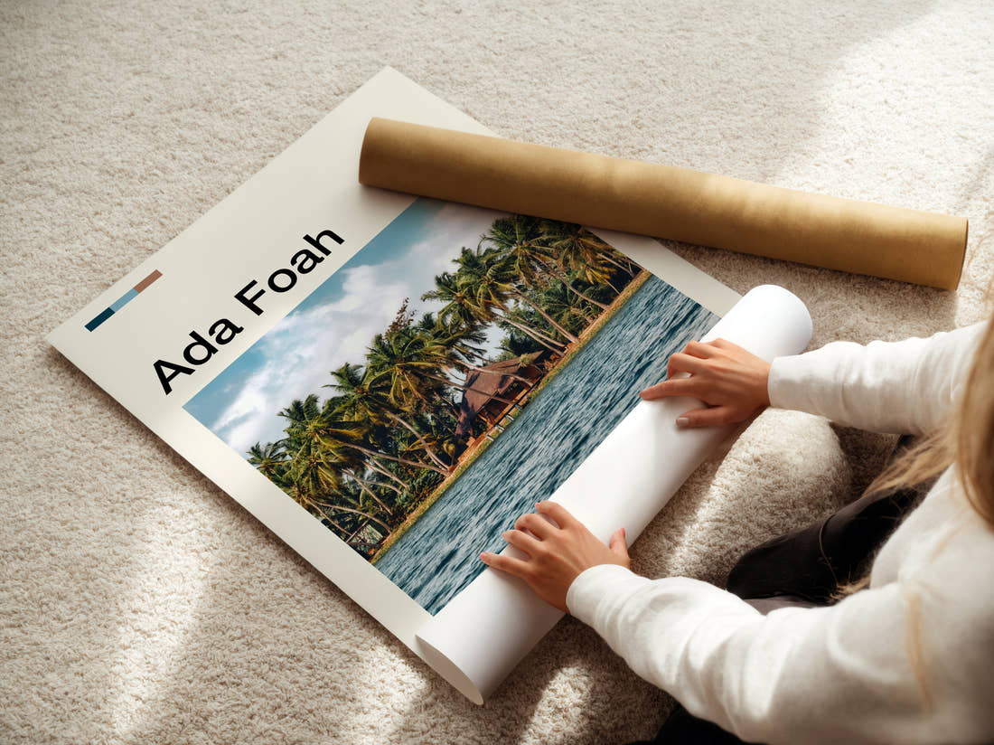 Ada Foah Thatched Huts And Palms Travel Print being unrolled from its postal tube