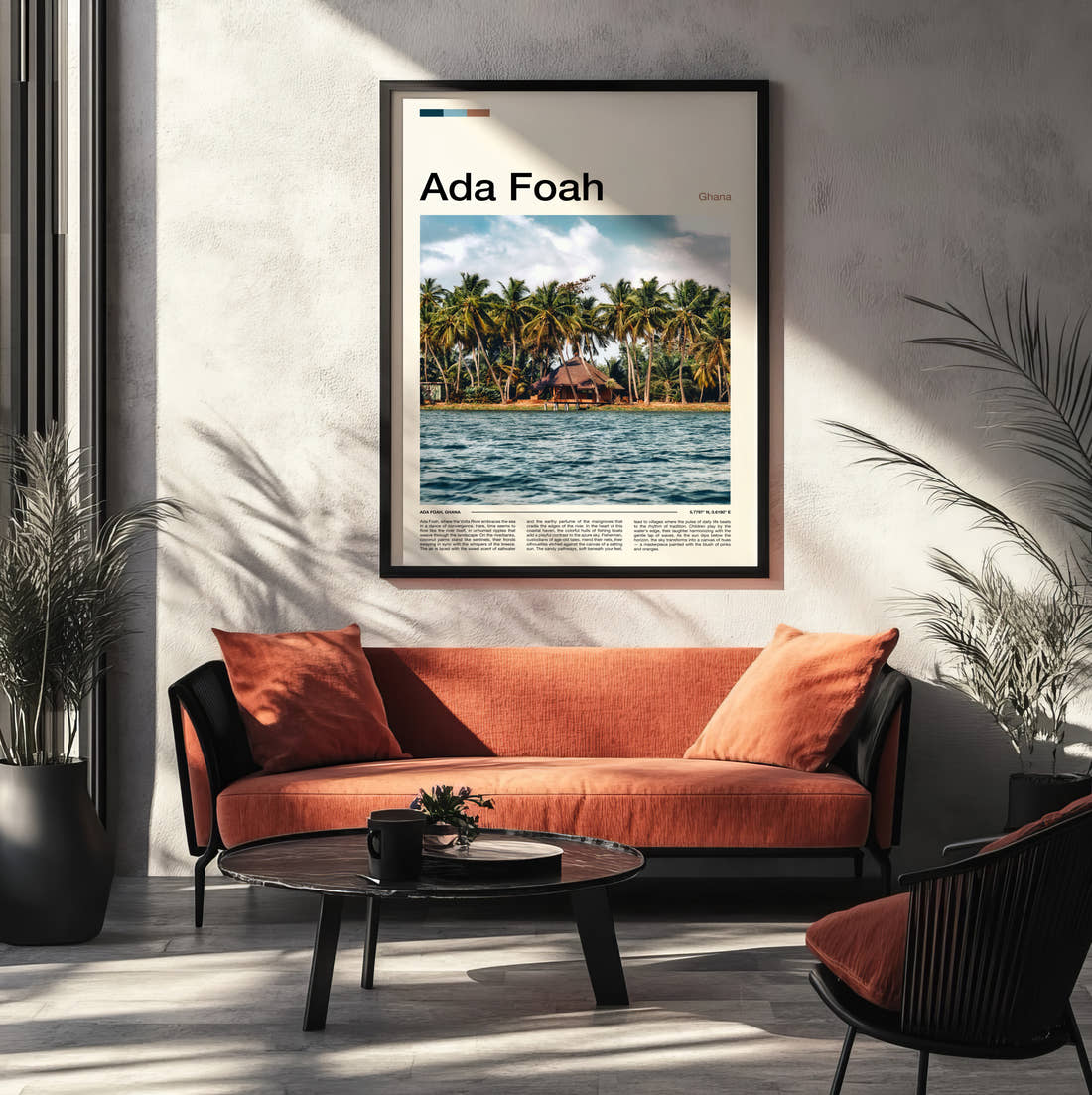 Ada Foah Thatched Huts And Palms Travel Print framed on the wall of a modern living room