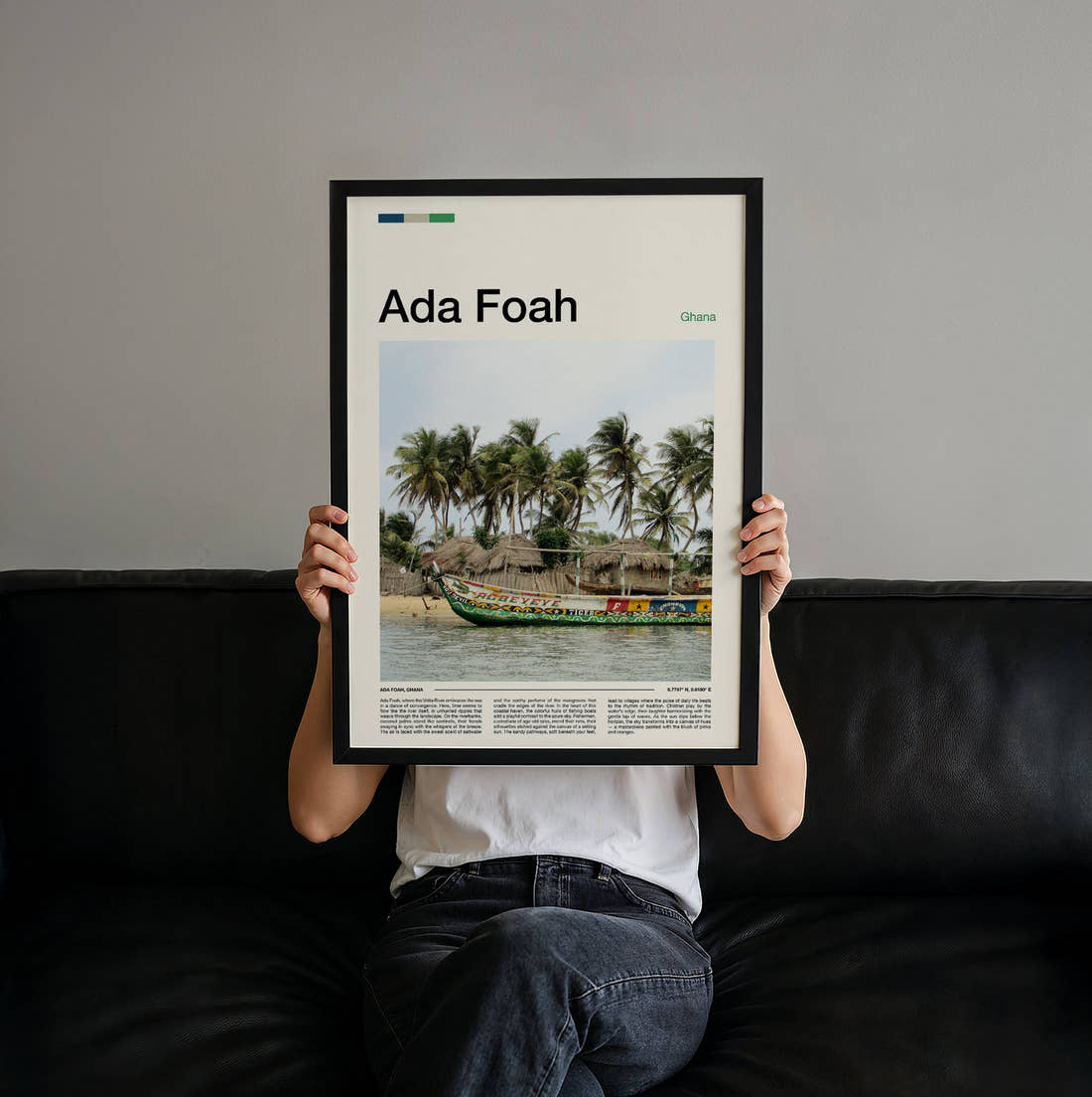 Ada Foah Painted Fishing Boat Travel Print held up by hand to show the size of the print