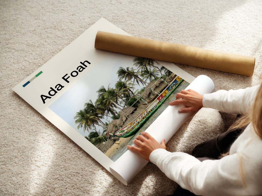 Ada Foah Painted Fishing Boat Travel Print being unrolled from its postal tube