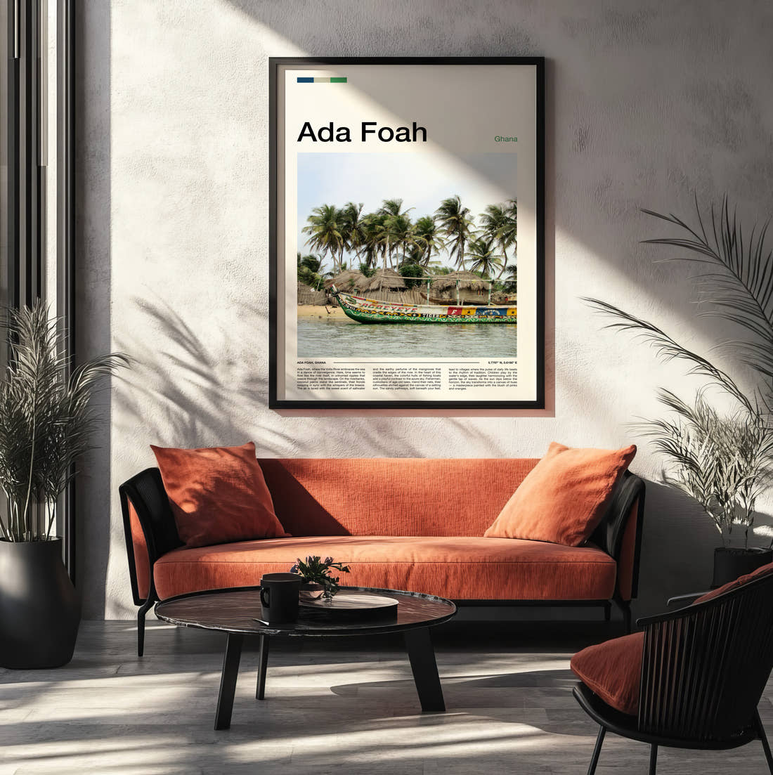 Ada Foah Painted Fishing Boat Travel Print framed on the wall of a modern living room