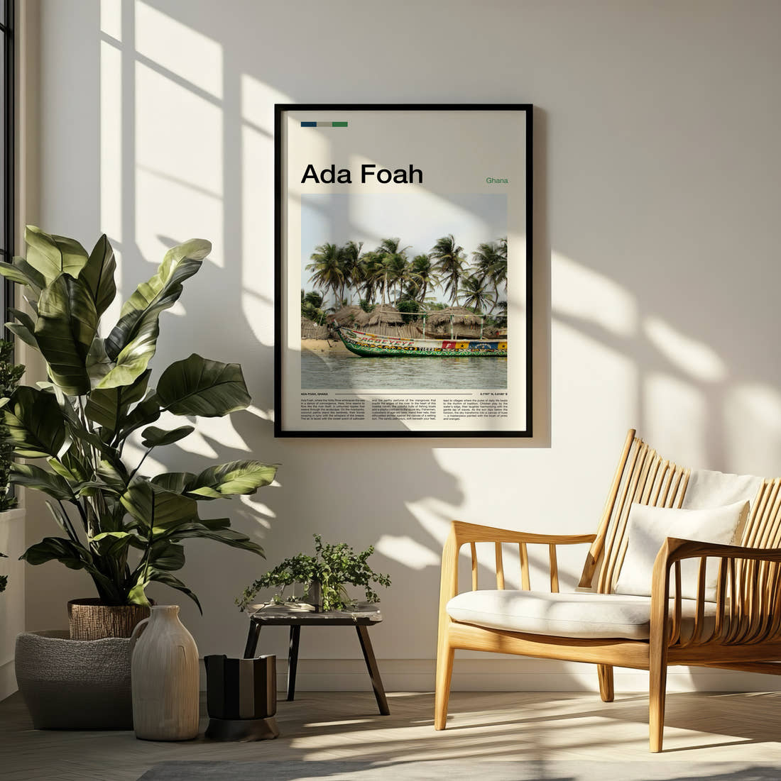 Ada Foah Painted Fishing Boat Travel Print framed on a pale wall beside houseplants
