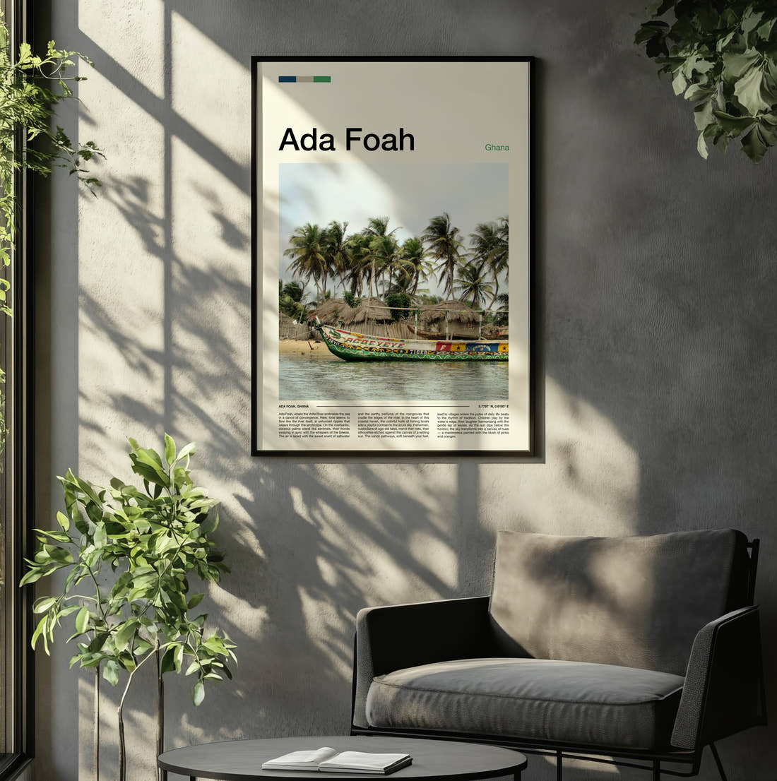 Ada Foah Painted Fishing Boat Travel Print framed on the wall of a relaxed living room