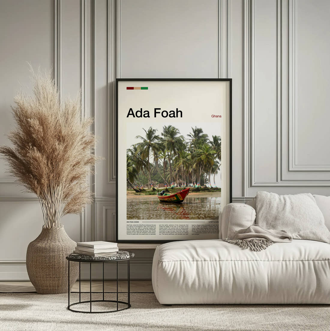 Ada Foah Boat Among Palm Trees Travel Print framed on the wall of a calm, neutral bedroom