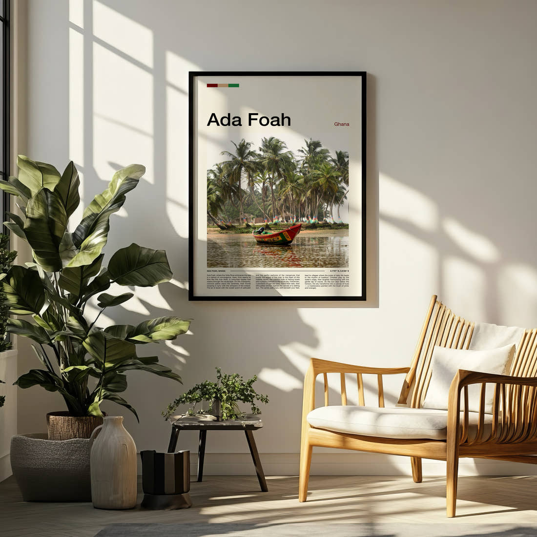 Ada Foah Boat Among Palm Trees Travel Print framed on a pale wall beside houseplants