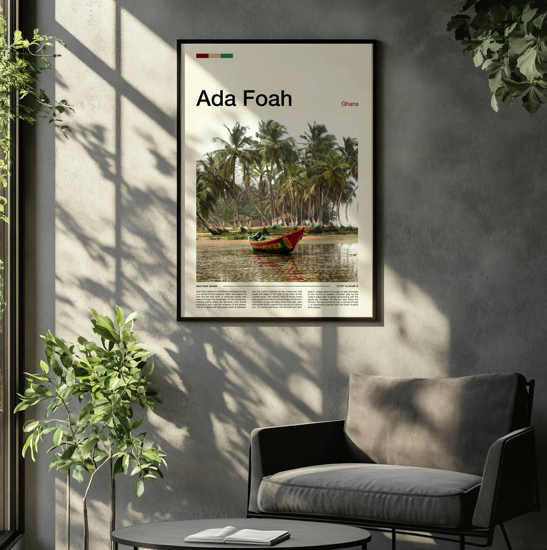 Ada Foah Boat Among Palm Trees Travel Print framed on the wall of a relaxed living room