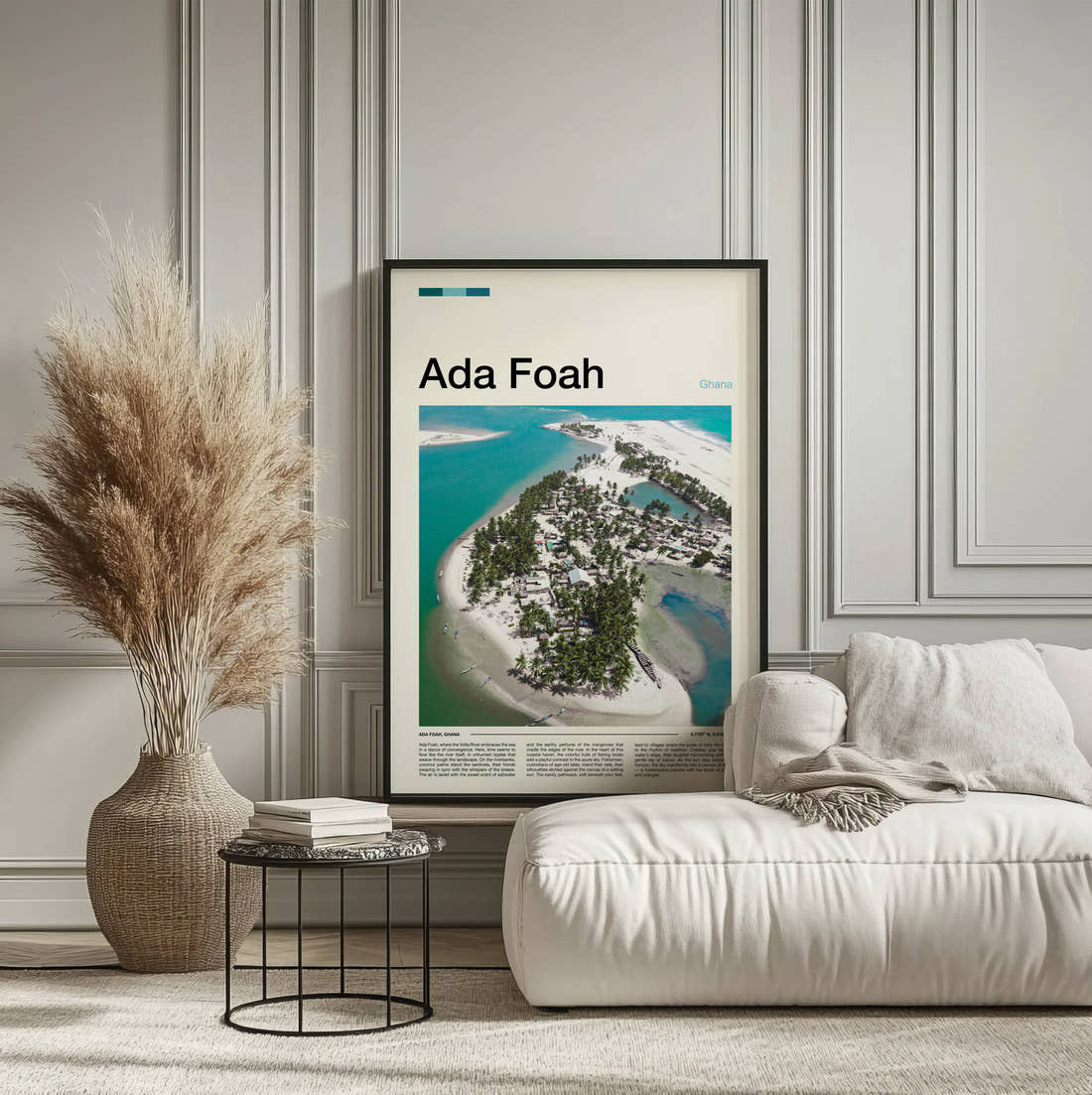 Ada Foah Palm Island Travel Print framed on the wall of a calm, neutral bedroom