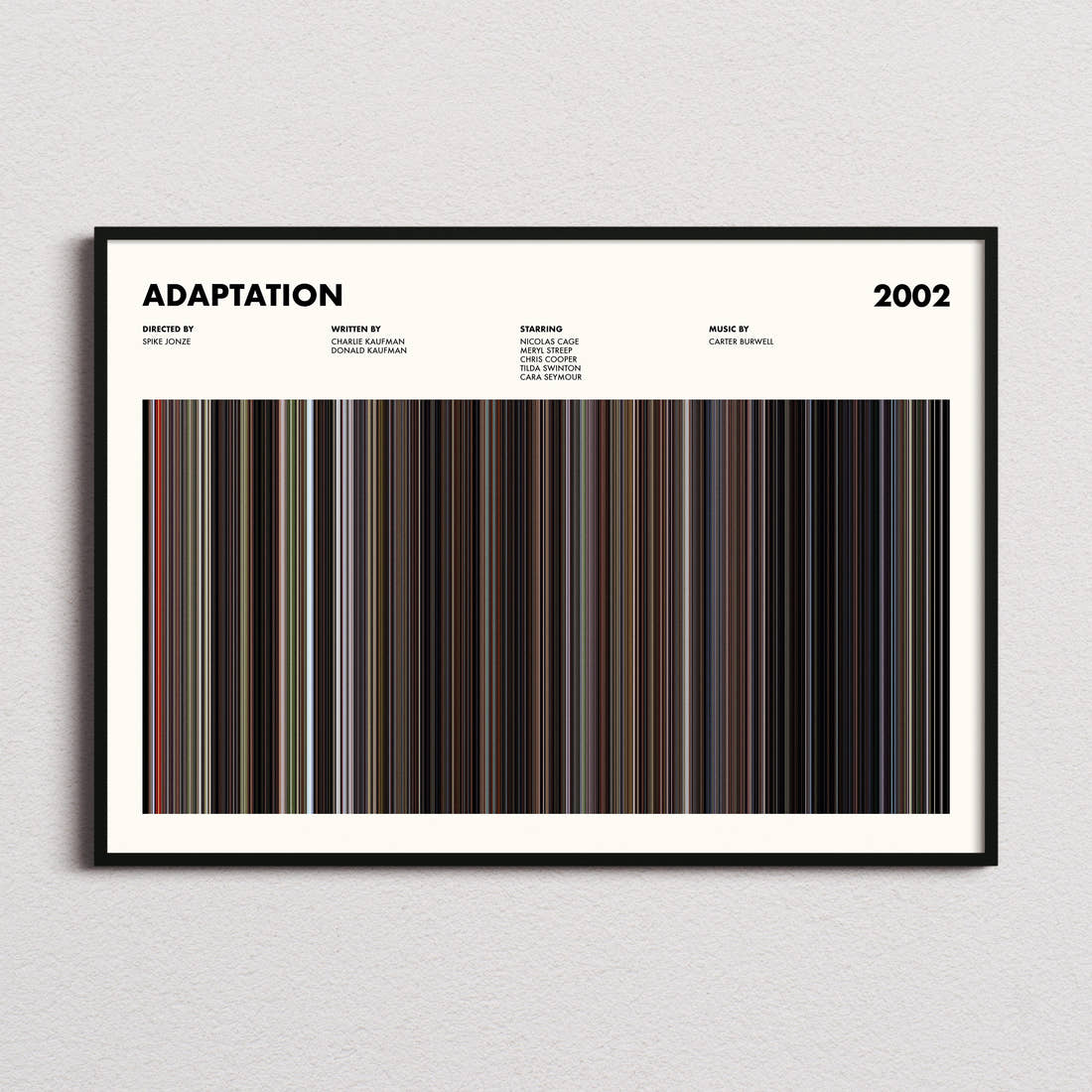 Adaptation Movie Barcode Poster framed and photographed straight on