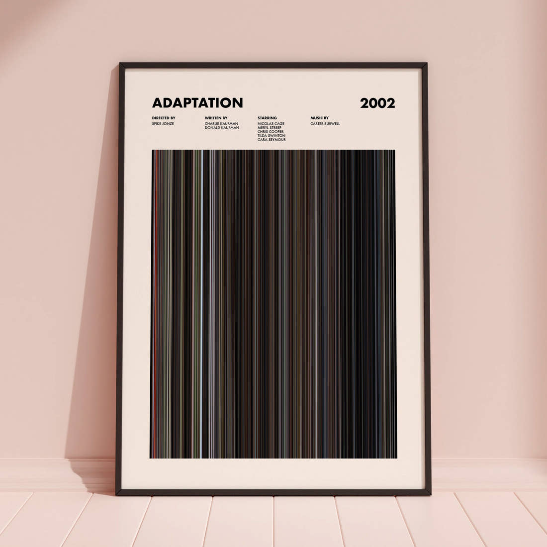 Adaptation Movie Barcode Poster framed and leaning against a coloured wall