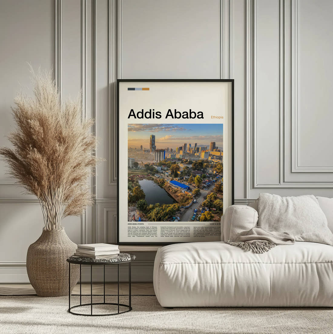 Addis Ababa Aerial City View Travel Print framed on the wall of a calm, neutral bedroom