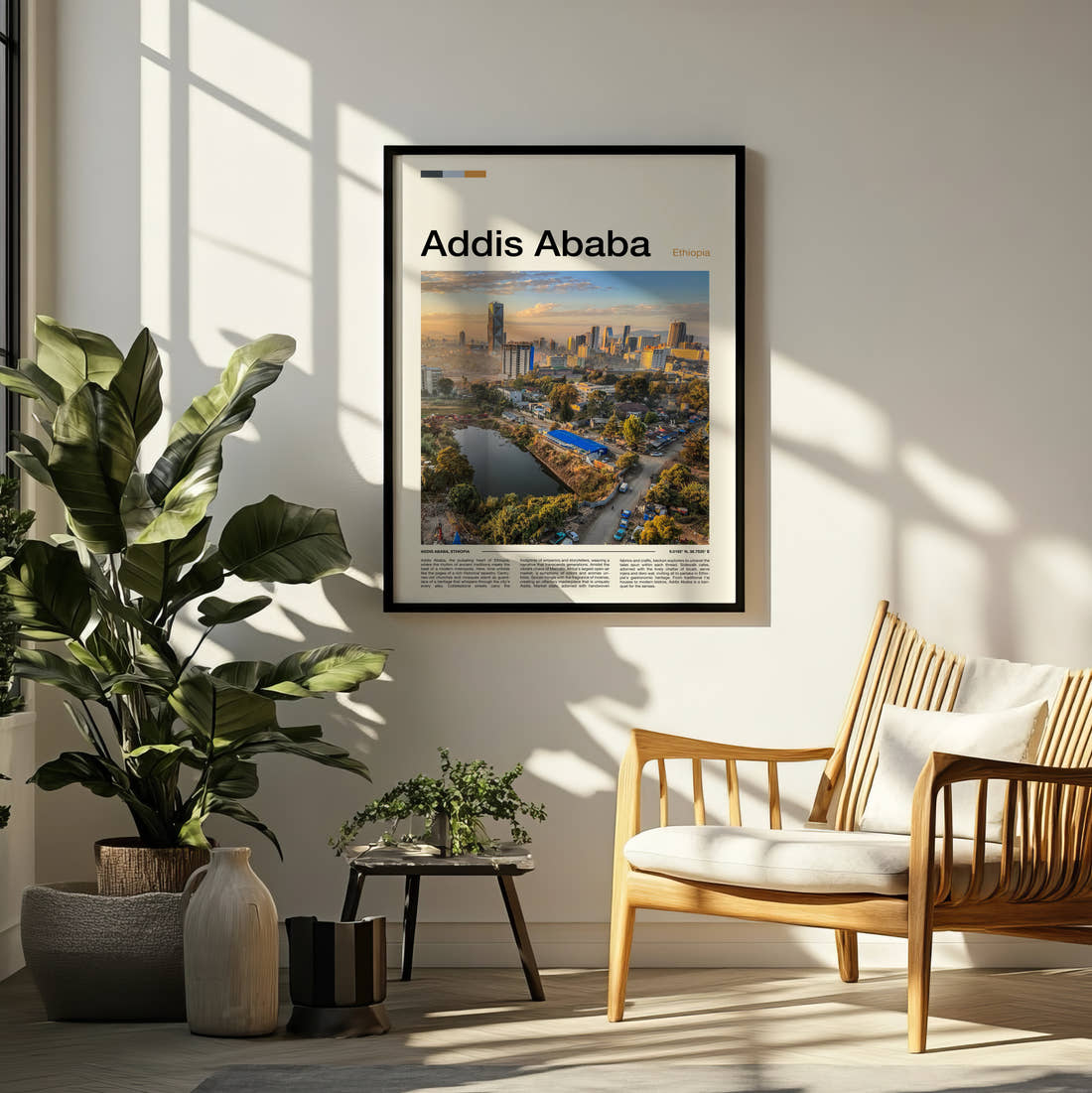 Addis Ababa Aerial City View Travel Print framed on a pale wall beside houseplants