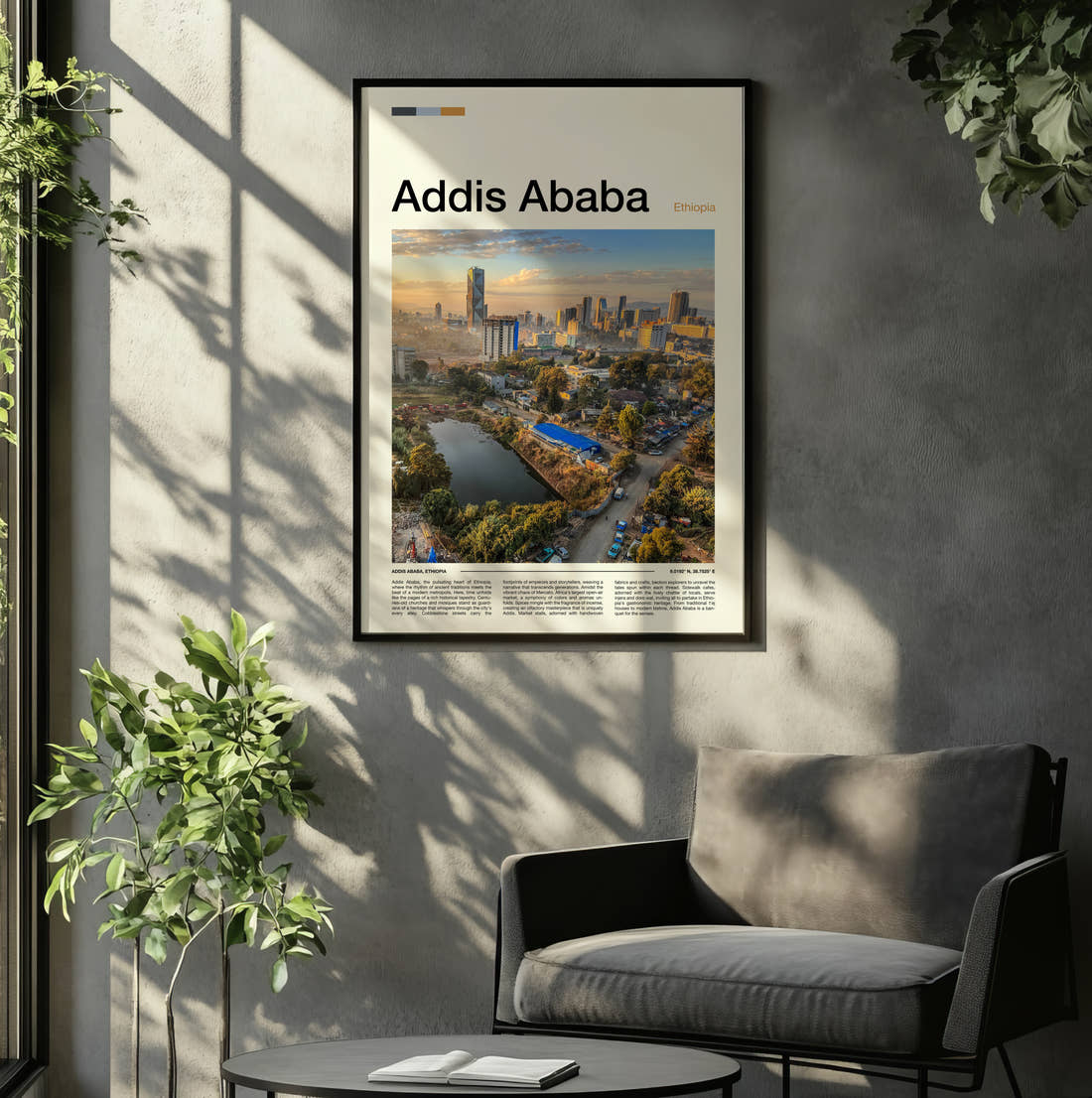 Addis Ababa Aerial City View Travel Print framed on the wall of a relaxed living room