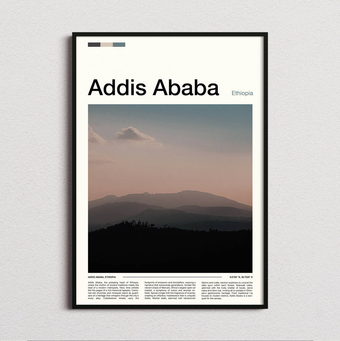 Addis Ababa Hazy Mountains Travel Print framed and photographed straight on