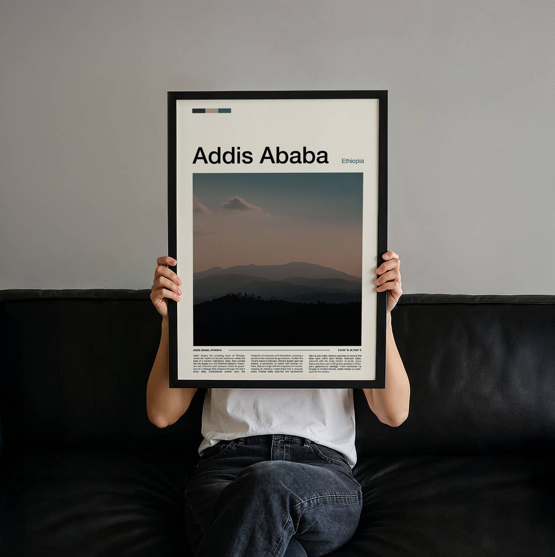 Addis Ababa Hazy Mountains Travel Print held up by hand to show the size of the print
