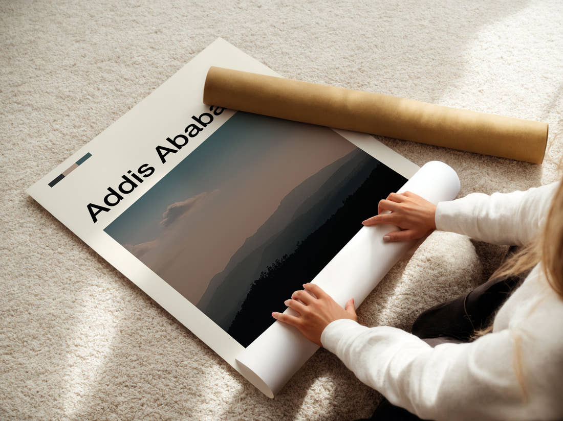 Addis Ababa Hazy Mountains Travel Print being unrolled from its postal tube