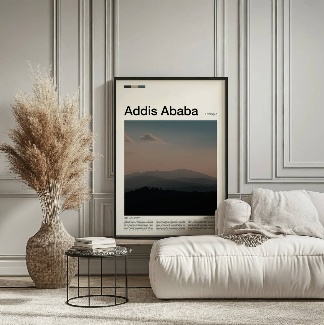 Addis Ababa Hazy Mountains Travel Print framed on the wall of a calm, neutral bedroom